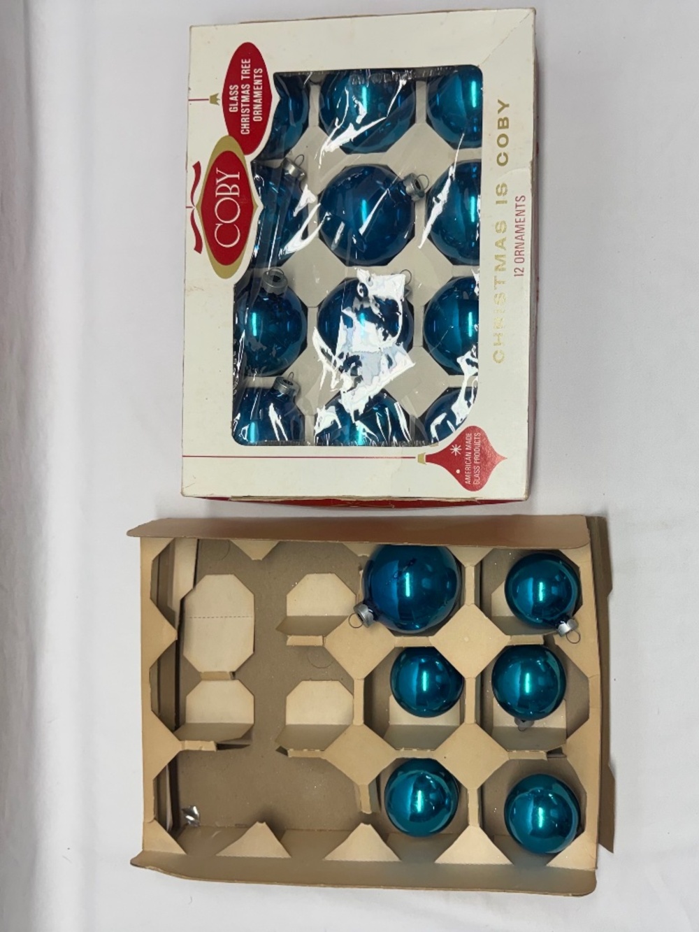 VINTAGE COBY CHRISTMAS TREE GLASS BALLS, BLUE, Made in the USA, MIXED SET OF 18